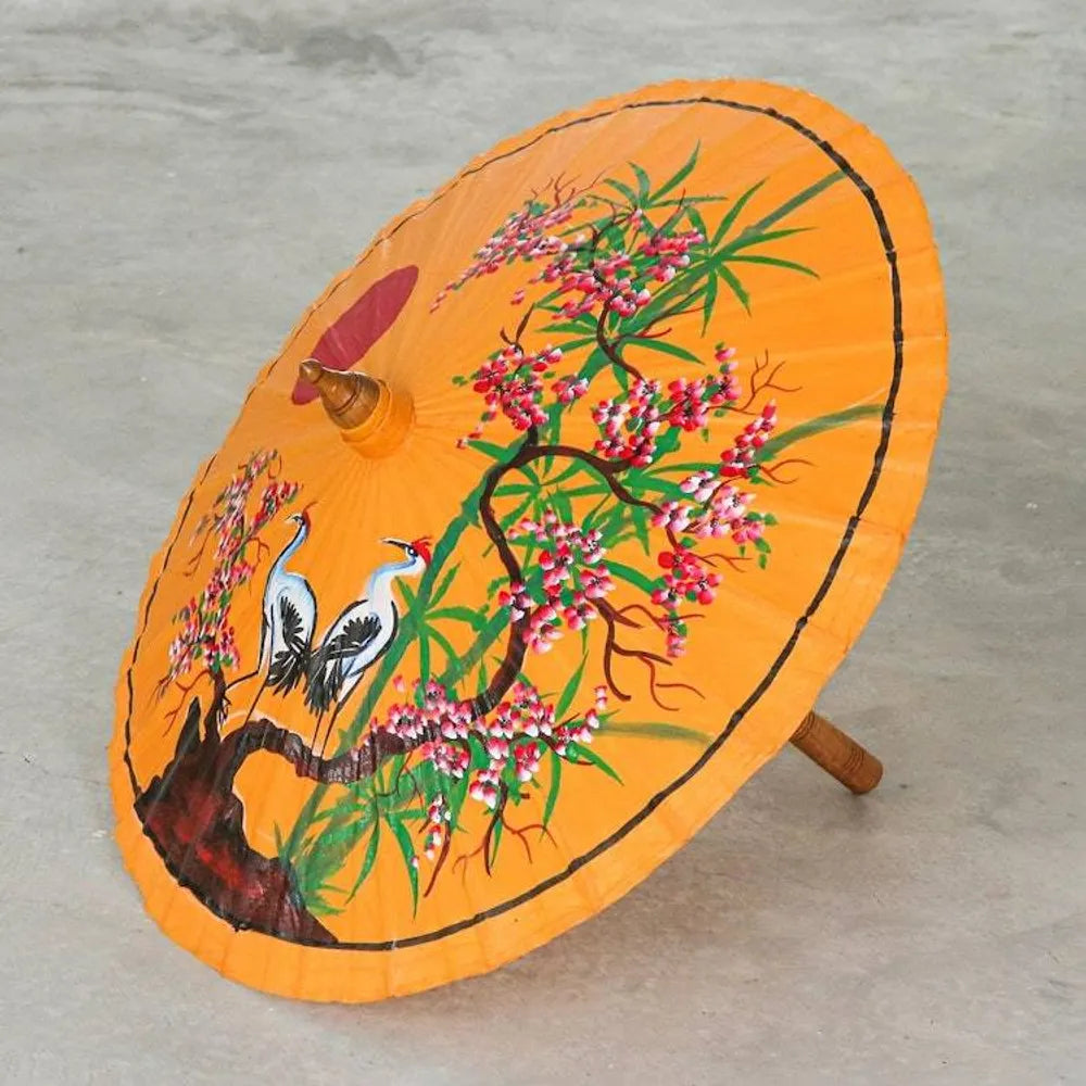 Hand-Painted Yellow Crane-Motif Parasol 'Peace Cranes in Orange'