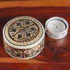 Leaf-Themed Round Papier Mache and Wood Decorative Box 'Kashmir Spectacle'
