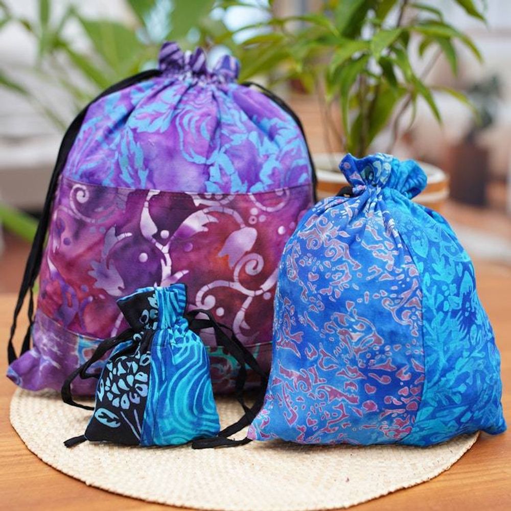 Balinese-Made Set of 3 Batik Patchwork Rayon Gift Pouches 'Nocturnal Fest'