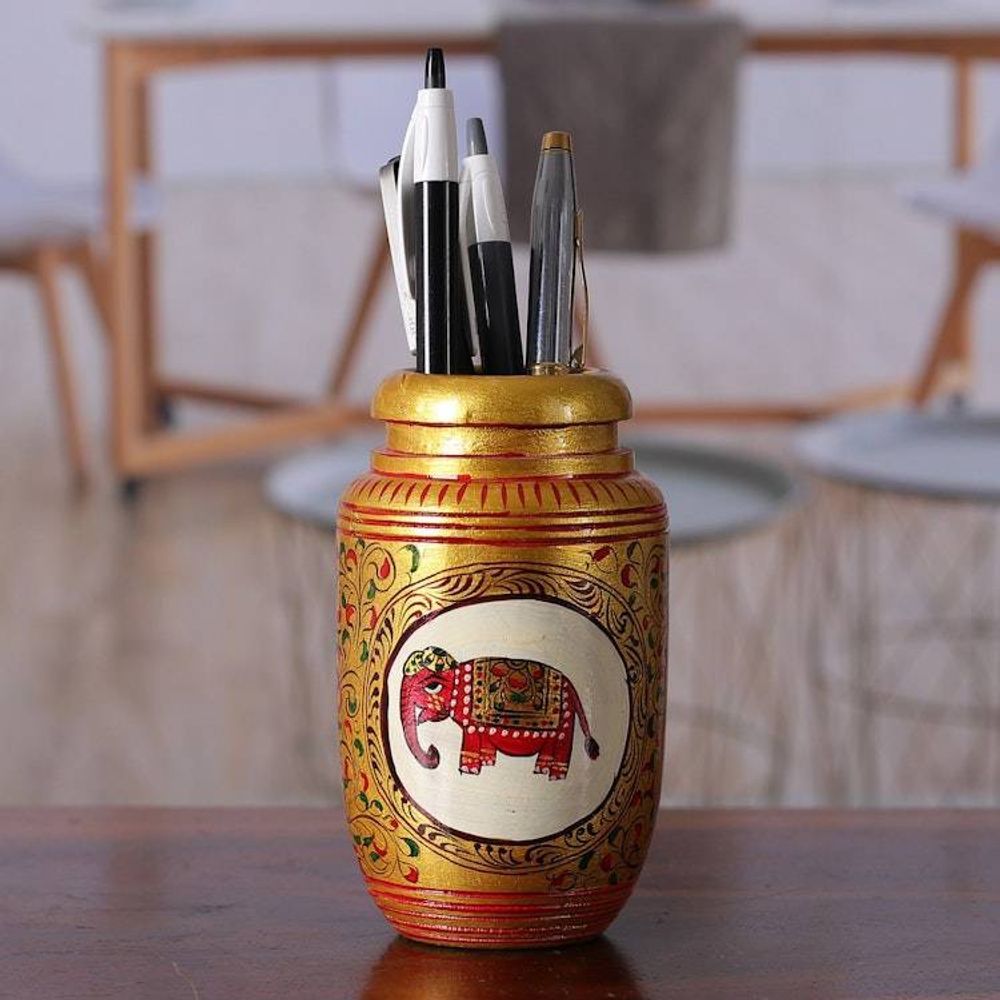 Classic Elephant-Themed Golden Kadam Wood Pen Holder 'Glory of the Jungle'