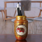 Classic Elephant-Themed Golden Kadam Wood Pen Holder 'Glory of the Jungle'