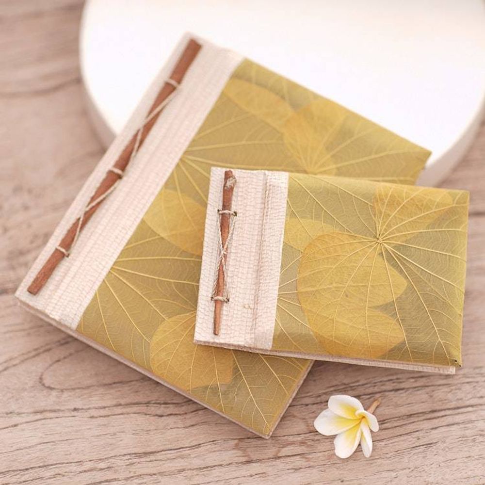Handcrafted Pair of Rice Paper Notebooks from Indonesia 'Autumn Spirit in Olive'
