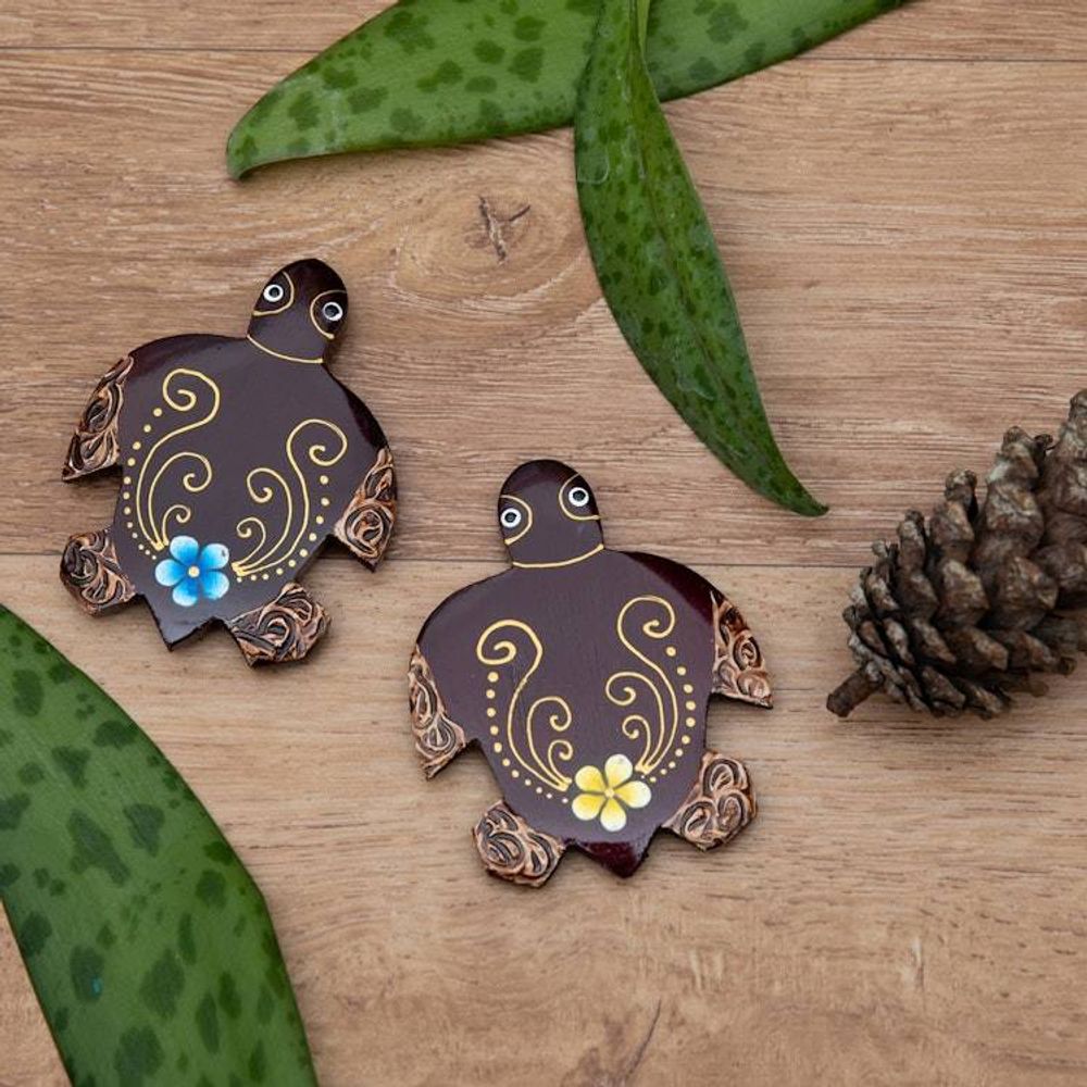 Set of 2 Hand-Painted Floral Turtle-Shaped Wood Magnets 'Paradisial Turtles'