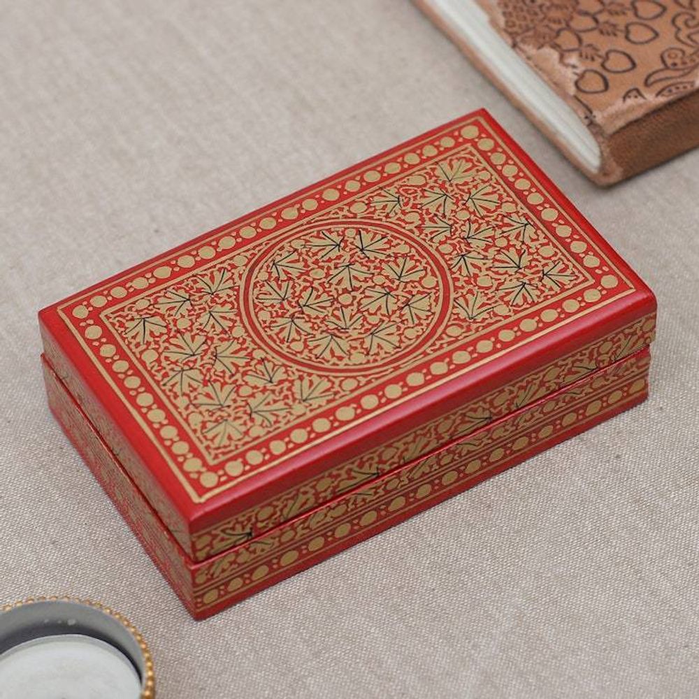 Hand-Painted Red Gold Papier Mache Wood Leaf Decorative Box 'Gilded Vine'