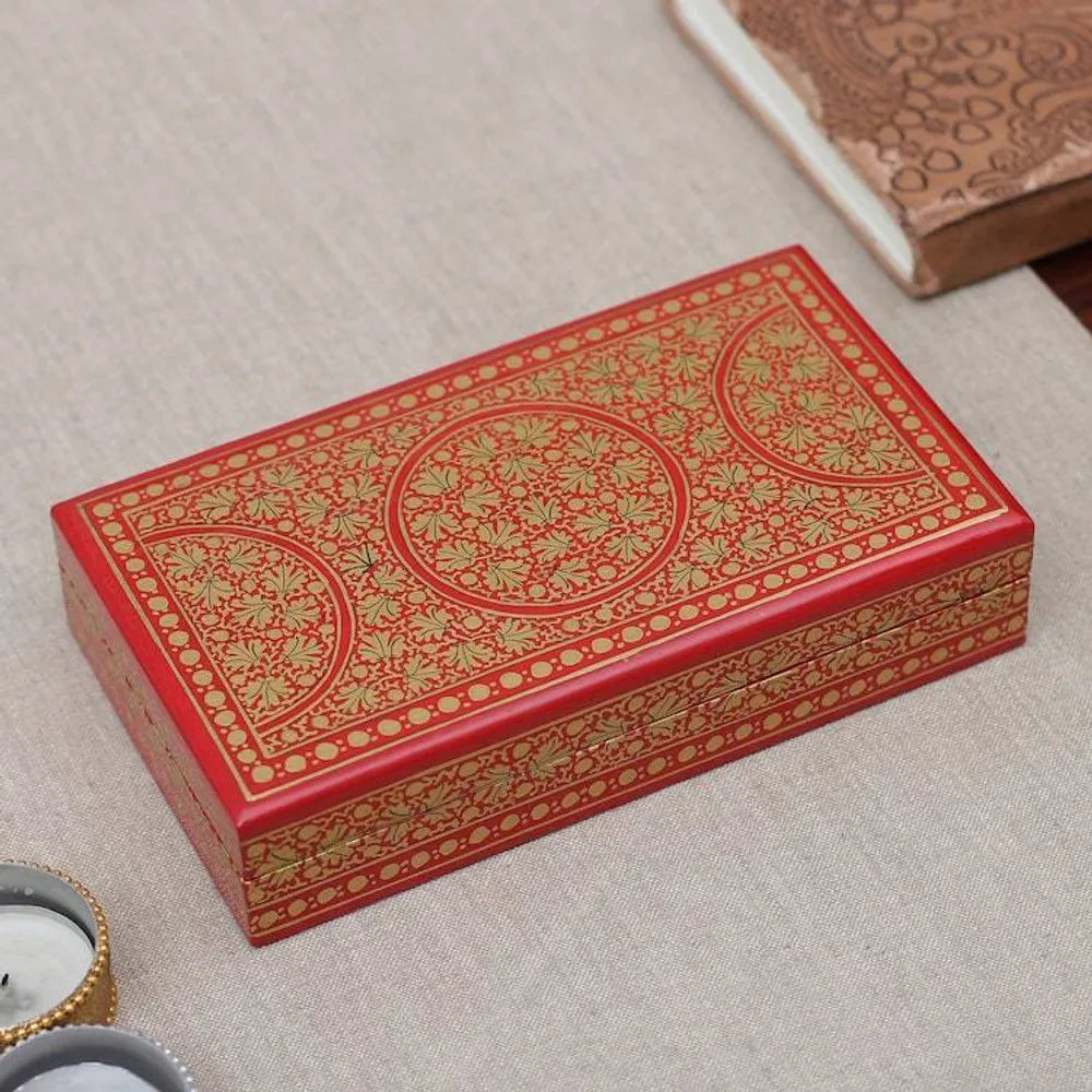 Red Gold Rectangular Papier Mache Wood Leaf Decorative Box 'Golden Vine'