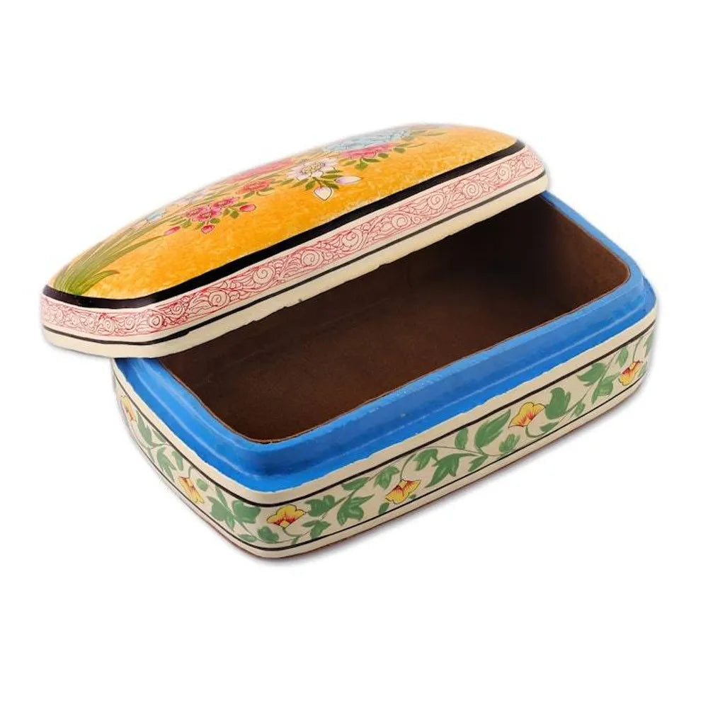 Summer-Themed Hand-Painted Yellow Papier Mache Jewelry Box 'Whispers of Summer'