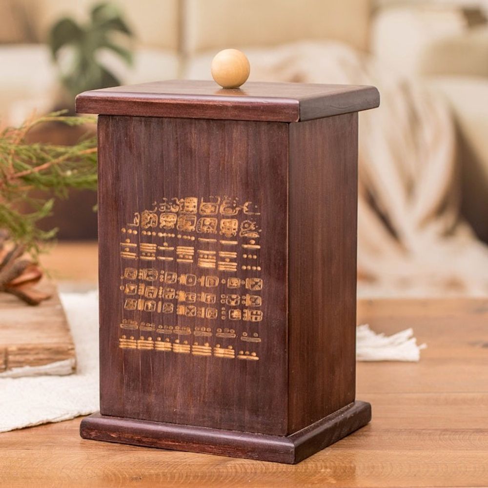 Pinewood Decorative Box with Pyrography Mayan Motif 'Dresden Codex'