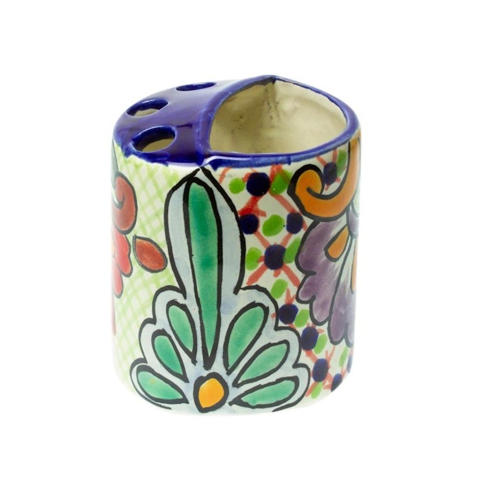 Green Dominant Talavera Style Toothbrush Holder from Mexico 'Hidalgo Bouquet'