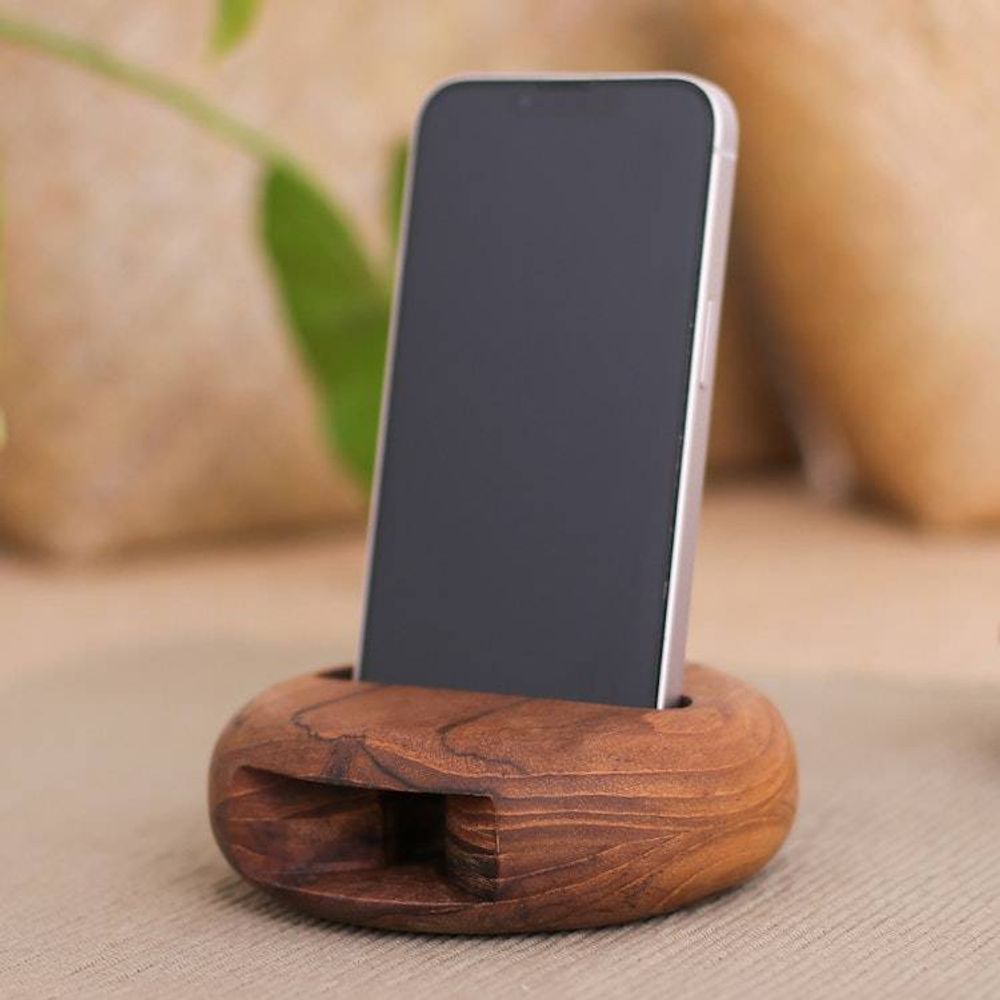 Round Teakwood Phone Speaker Hand-Carved in Thailand 'Dorayaki'