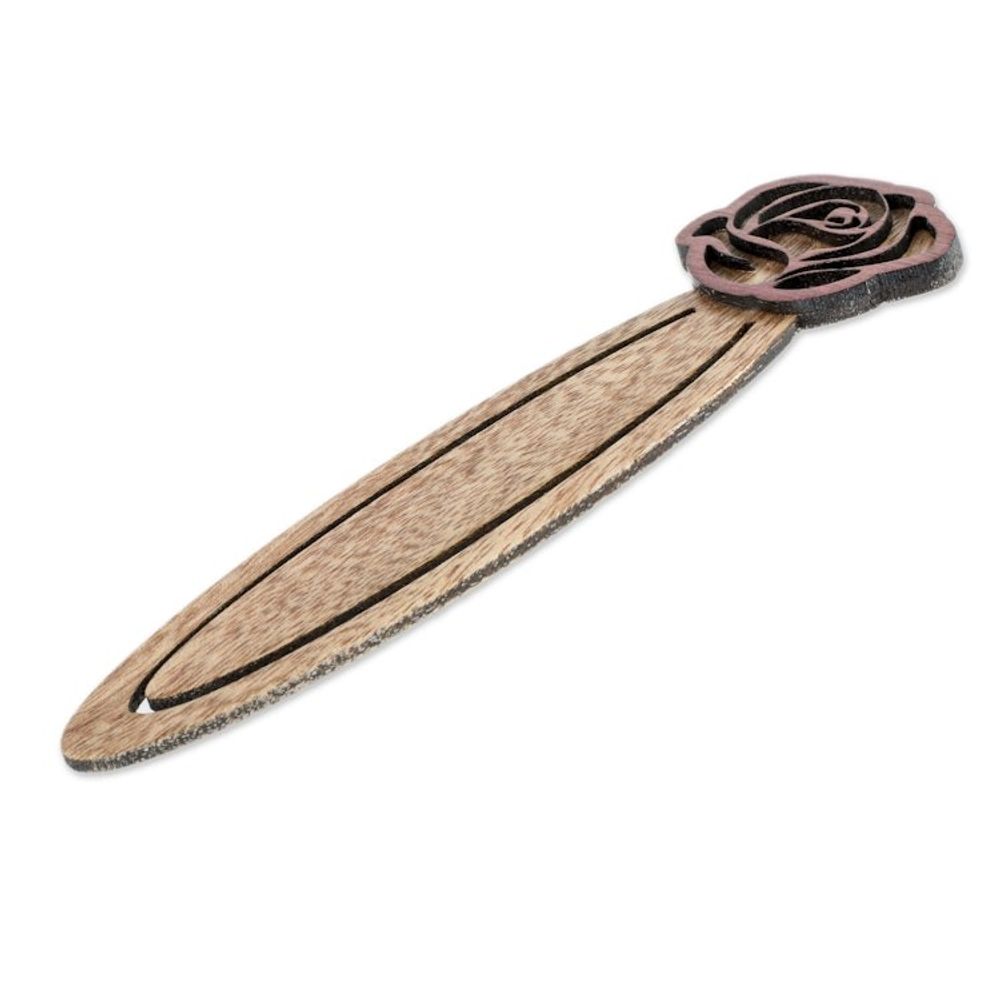 Handcrafted Recycled Teak Floral Rose Theme Bookmark 'Blossoming Rose'