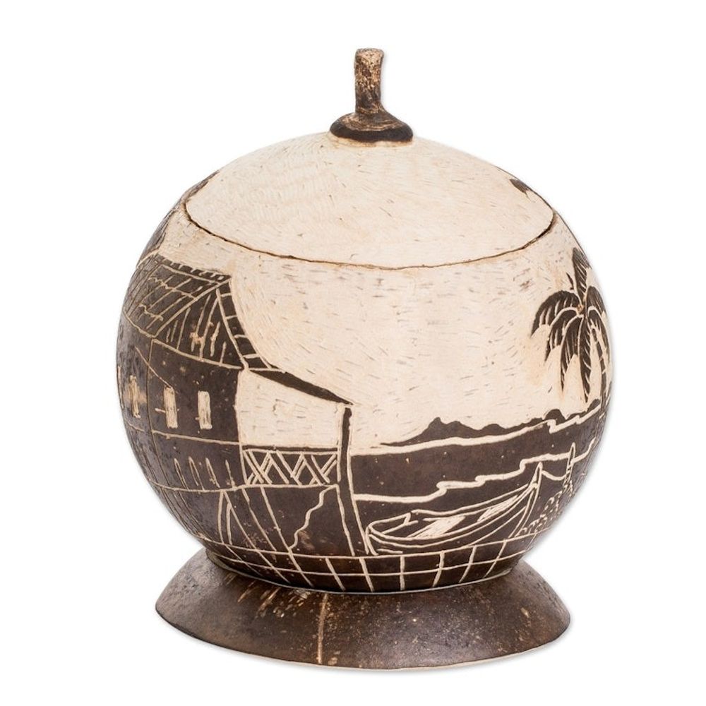 Handmade Round Dried Gourd Caribbean Town Decorative Accent 'Caribbean Landscape'