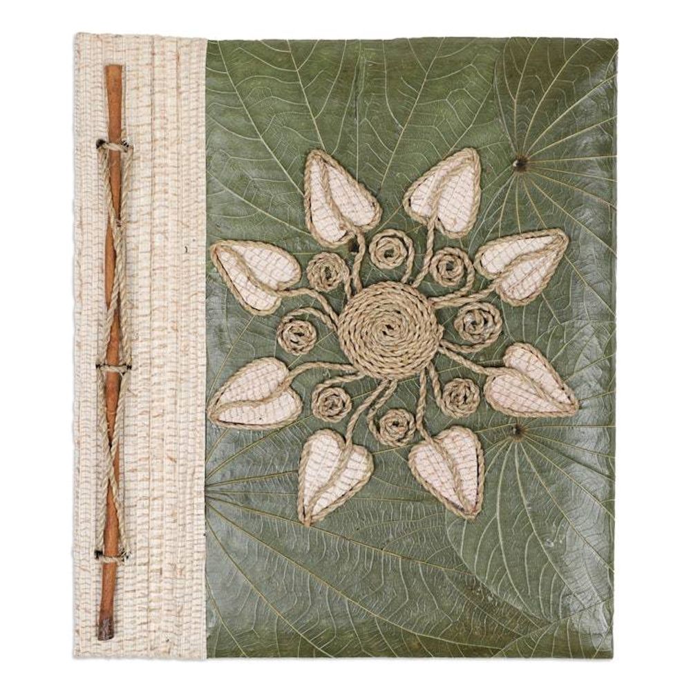 Handmade Natural Fiber Floral Journal with Green Leaves 'Magnolia Memories'