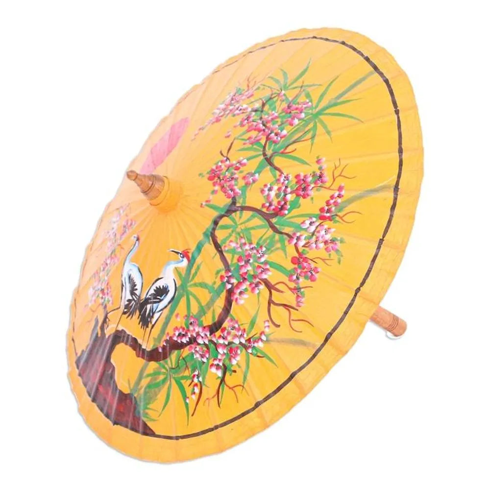 Hand-Painted Yellow Crane-Motif Parasol 'Peace Cranes in Orange'