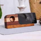 Handcrafted Wood Smartphone Speaker with Brown Stripes 'Wooden Sounds'