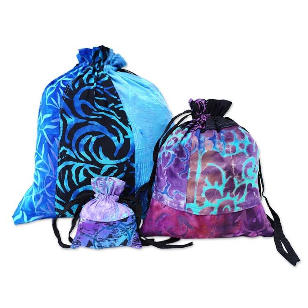 Balinese-Made Set of 3 Batik Patchwork Rayon Gift Pouches 'Nocturnal Fest'