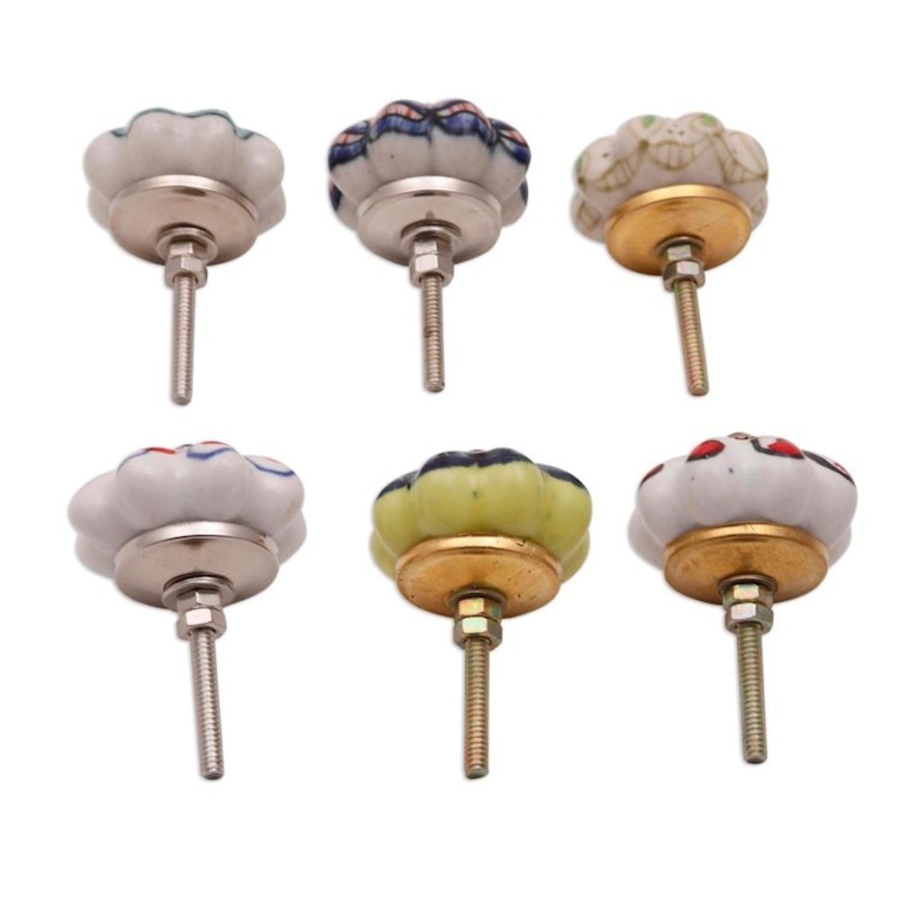 Floral Ceramic Knobs Crafted in India Set of 6 'Floral Homestead'