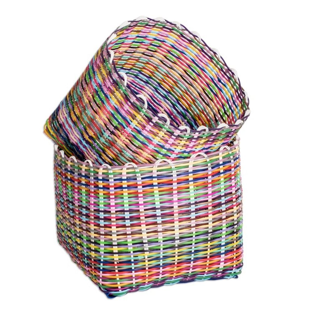 Set of 2 Handcrafted Colorful Recycled Plastic Baskets 'Eco-Joy'