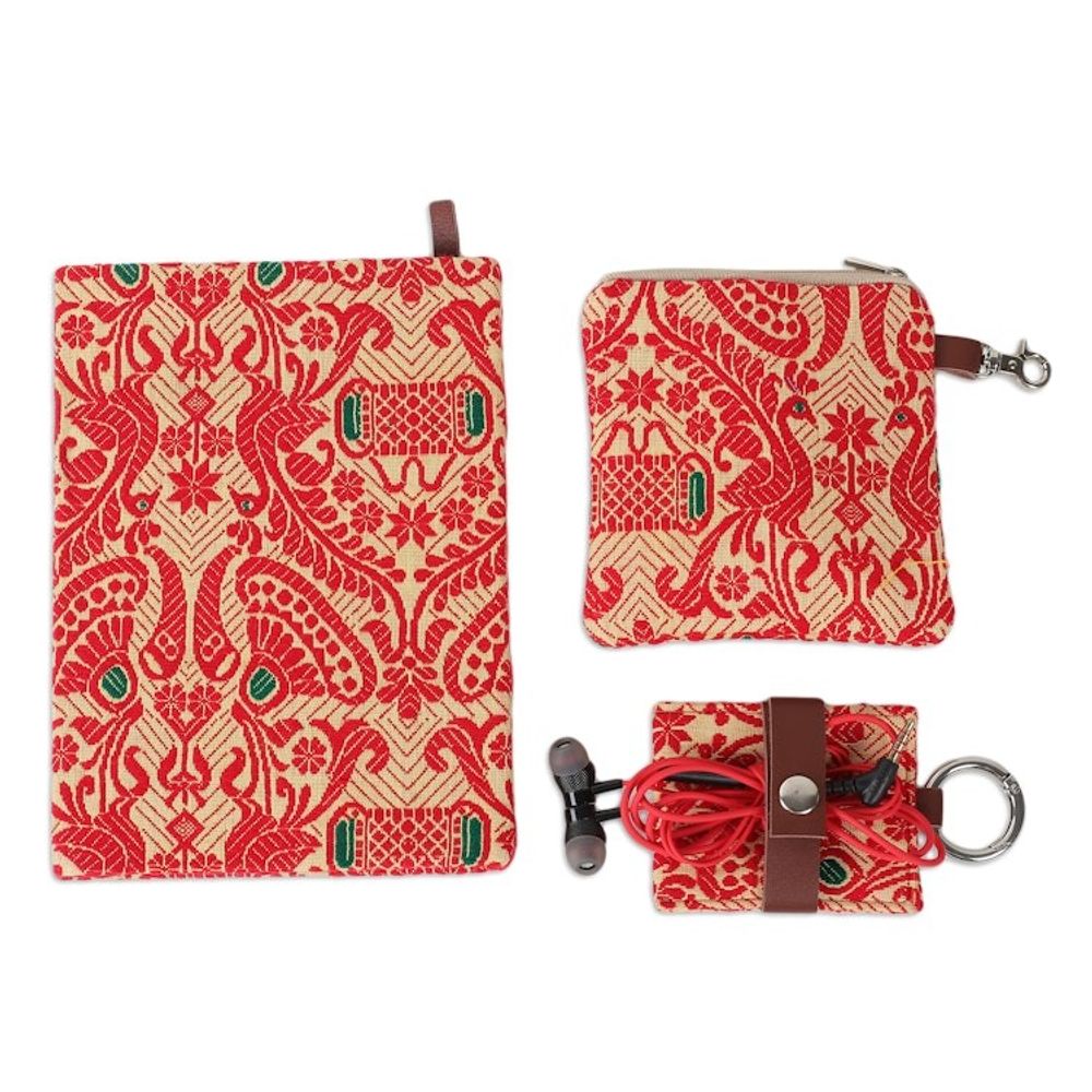 Leather-Accented Cotton Jacquard Journal Pouch Keychain Set 'Assam Beauty'