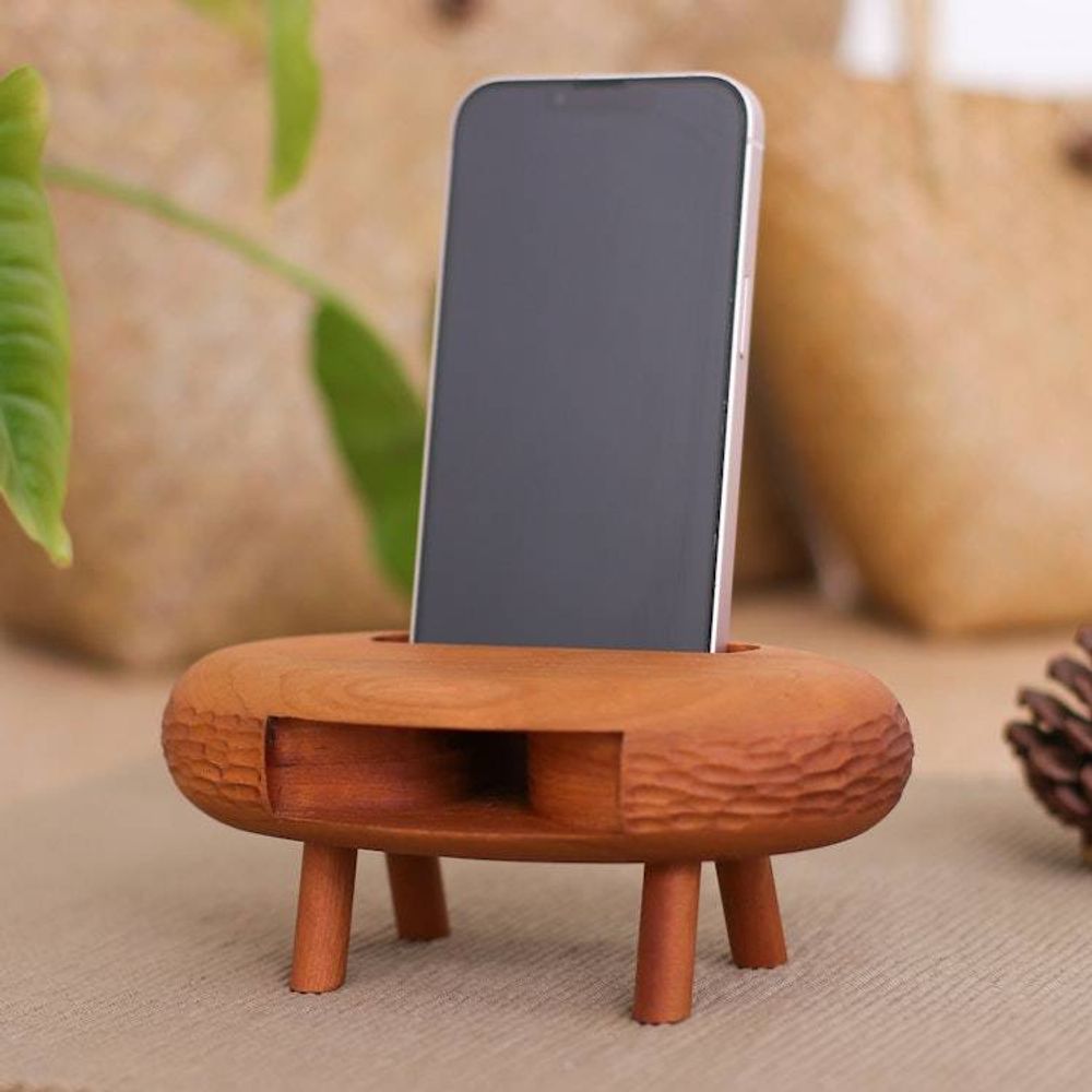 Hand-Carved Ovoid Teak Wood Phone Speaker from Thailand 'Ovoid Traces'