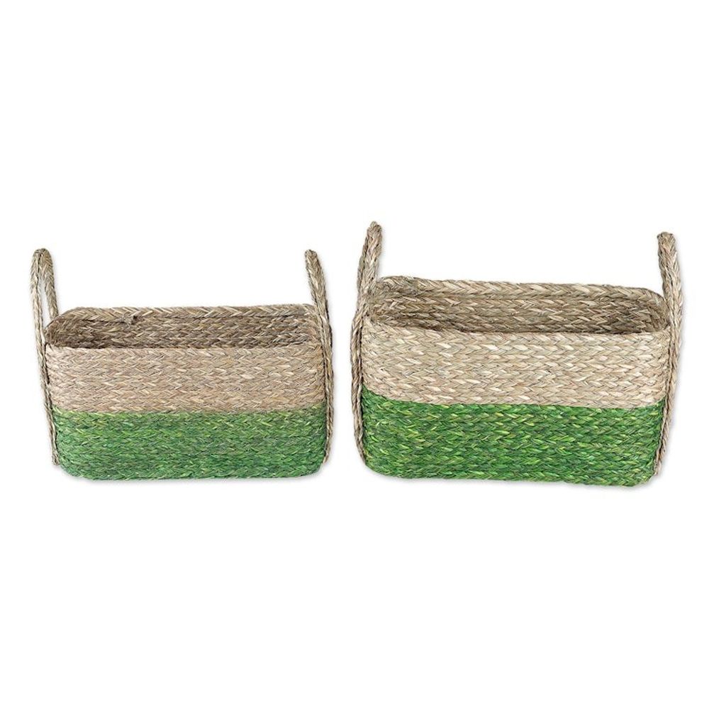 Handwoven Set of 2 Green and Beige Sabai Grass Fiber Baskets 'Green Call'